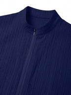 4pcs Urban Minimalist Pinstripe Textured Men'S Short Sleeve Stand Collar Zipper Cardigan, Summer Lightweight Breathable Casual Jacket, Fashionable All-Match Zippered Short Sleeve Shirt, Vertical Pleated Textured Fabric - Black + Black + White + Navy Blue