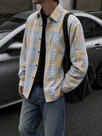 Men'S Vintage Plaid Long Sleeve Shirt, Loose Casual Button-Up Jacket Style Overshirt, Japanese Trendy Brand Lapel Checkered Shirt, Suitable for Outdoor Daily Wear in Spring, Autumn, And Winter - Lemon Yellow
