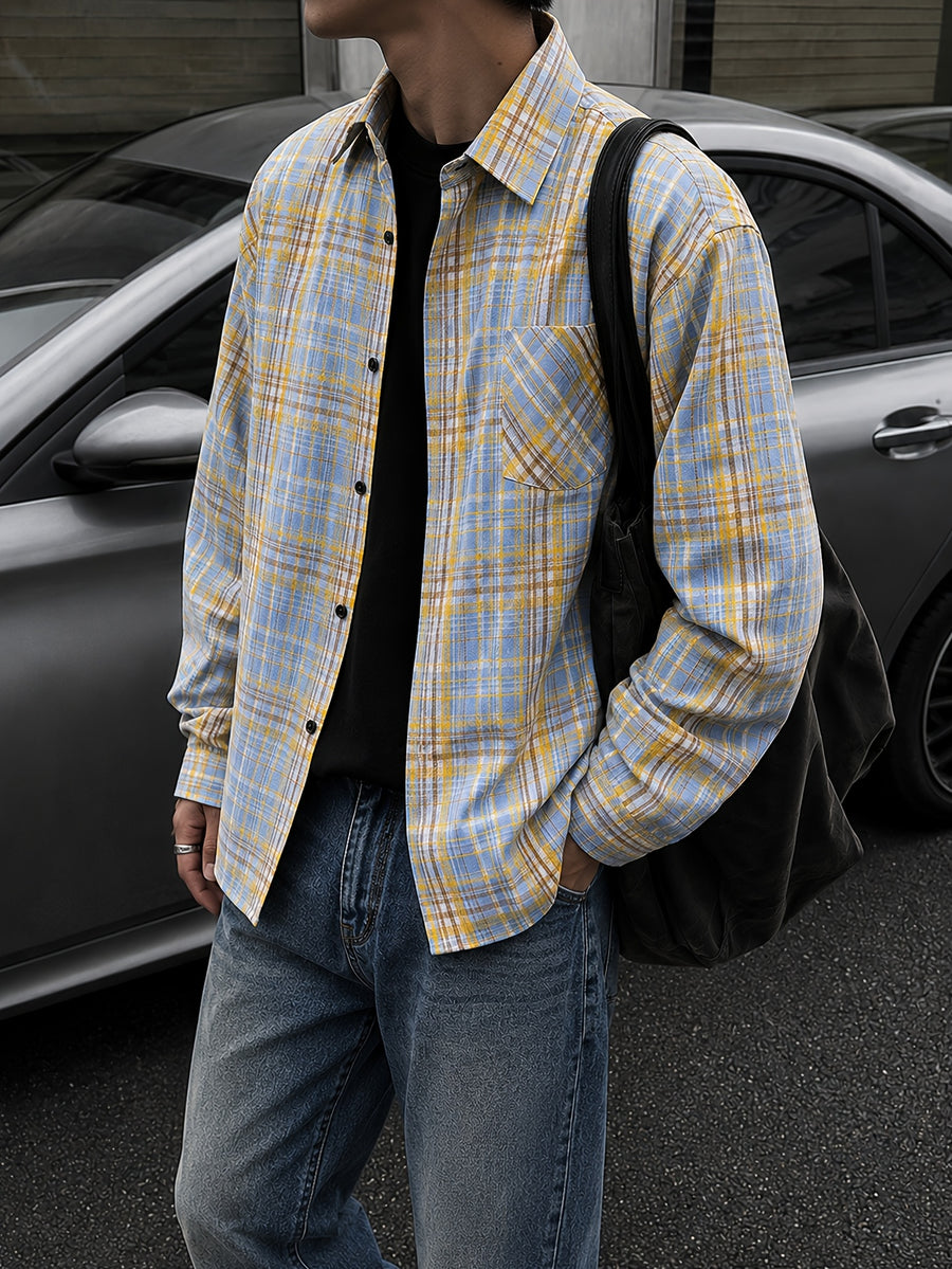 Men'S Vintage Plaid Long Sleeve Shirt, Loose Casual Button-Up Jacket Style Overshirt, Japanese Trendy Brand Lapel Checkered Shirt, Suitable for Outdoor Daily Wear in Spring, Autumn, And Winter - Lemon Yellow