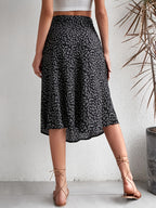 A Women'S Black Floral Slit Midi Skirt, High-Waisted And A-Line Skirt, New Black Small Floral Midi Skirt, Women'S Side Slit High-Waisted Draped Midi Skirt, French Black Floral Midi Skirt, Women'S Summer High-Waisted Side Slit Chiffon Midi Skirt - Black