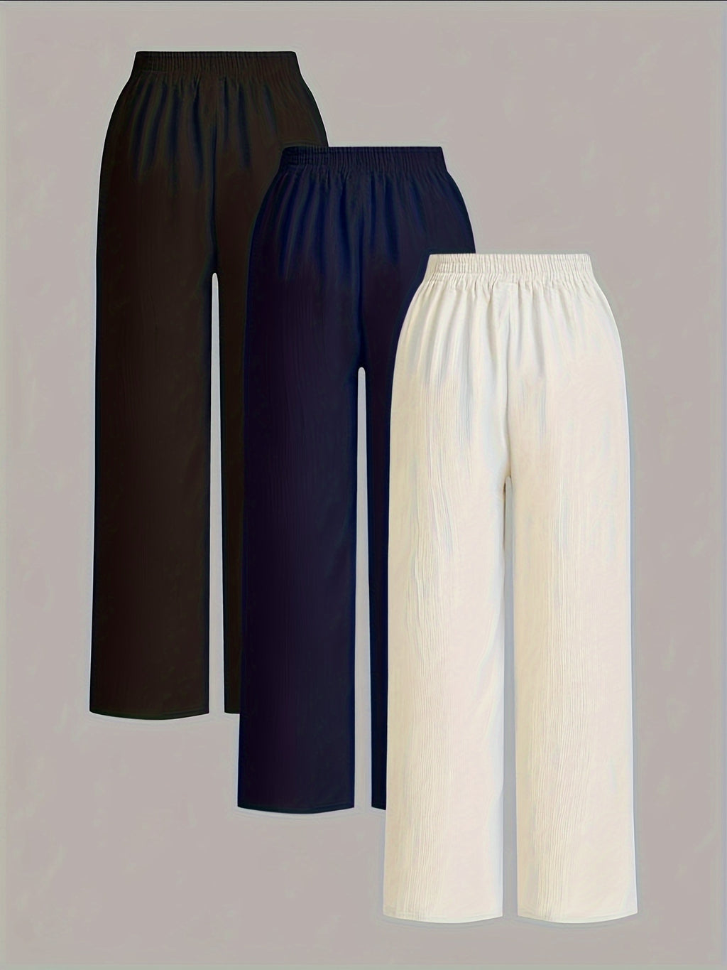 3pcs Elegant Wide-Leg Pants - Solid Color Lightweight Summer Trousers with Wide Leg Opening & Drawstring Waist, Machine Washable Non-Stretch for Casual, Office, Semi-Formal Wear (3pcs) - Black+navy+white