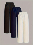 3pcs Elegant Wide-Leg Pants - Solid Color Lightweight Summer Trousers with Wide Leg Opening & Drawstring Waist, Machine Washable Non-Stretch for Casual, Office, Semi-Formal Wear (3pcs) - Black+navy+white