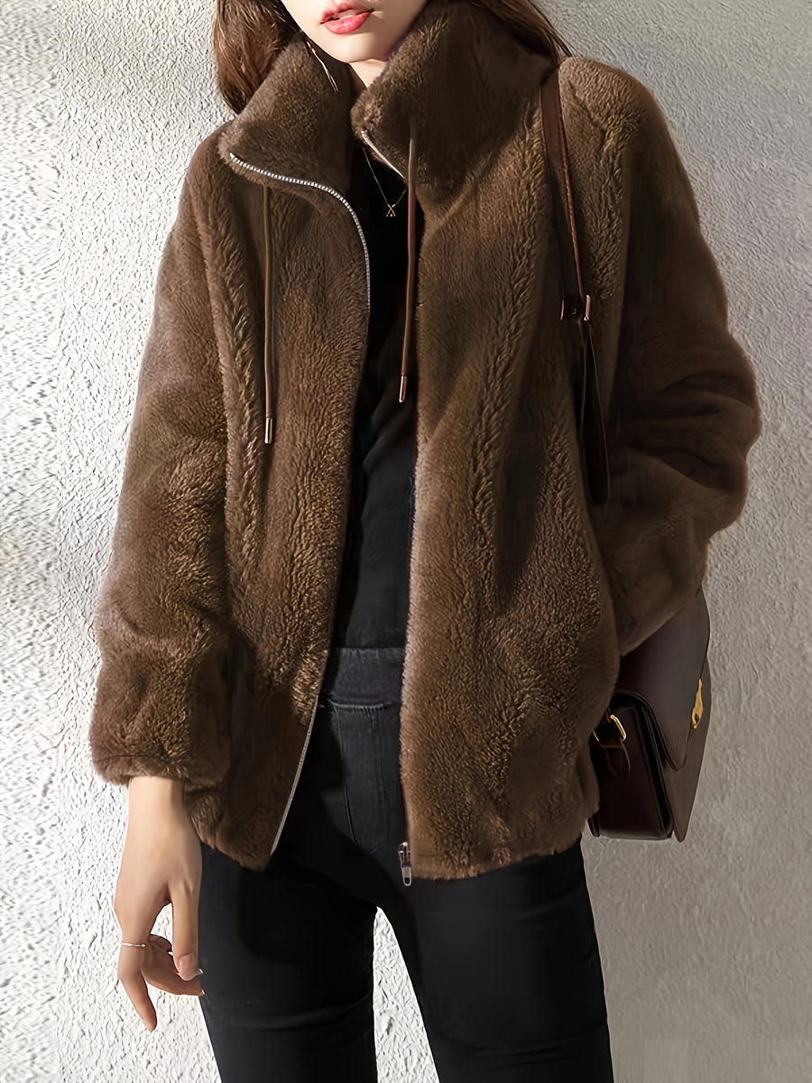 Solid Color Plush Coat, Stand Collar Thick Warm Zipper Drawstring Loose Women'S Coat - Dark Brown