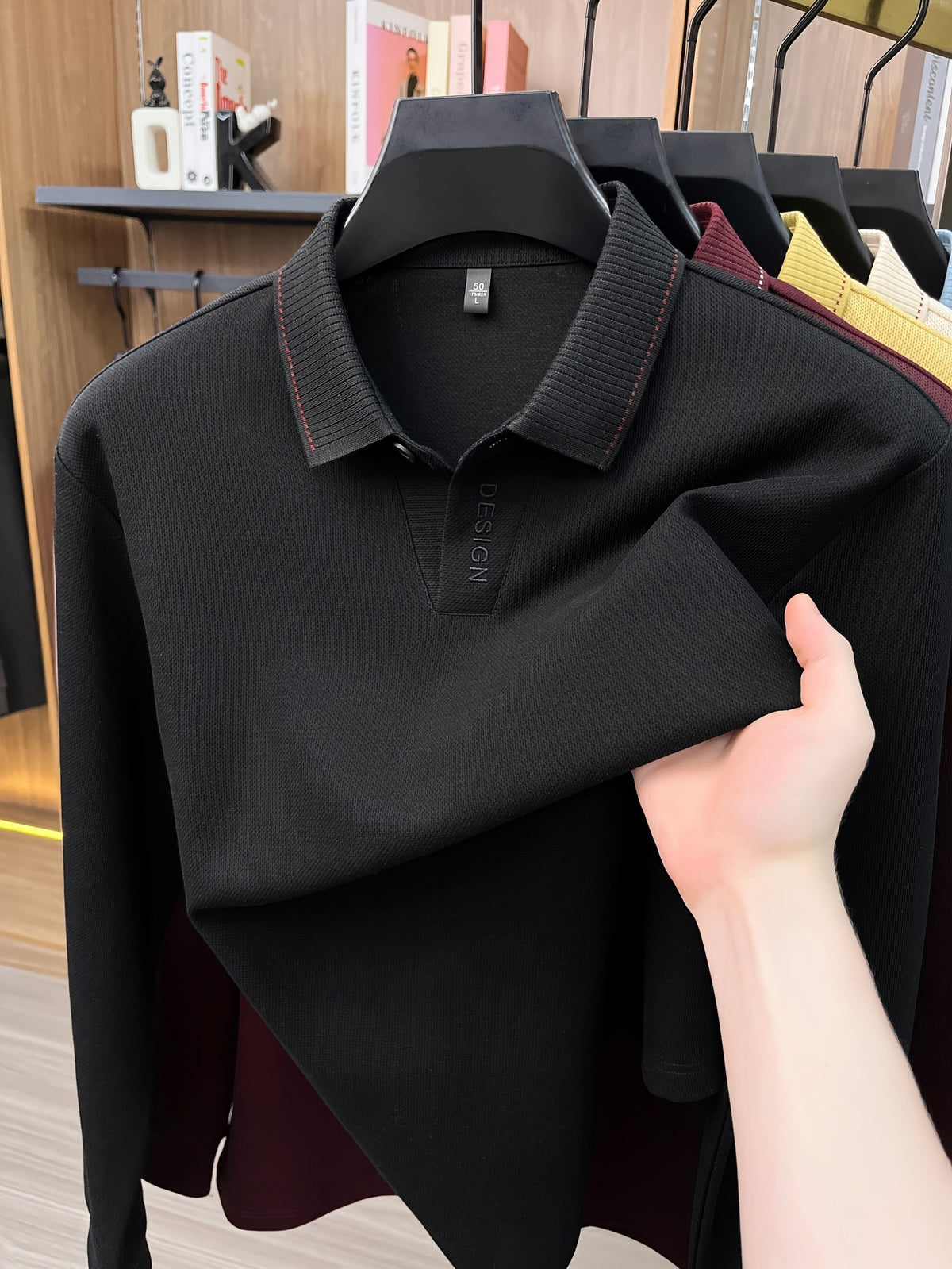 New Autumn 2026 Men's Long-Sleeve Solid Color Seagull Collar Lapel Casual Polo T-Shirt - Black