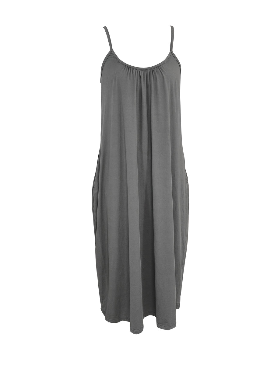 Solid Pockets Loose Spaghetti Dress, Versatile Maxi Cami Dress For Summer, Women's Clothing - Dark Gray