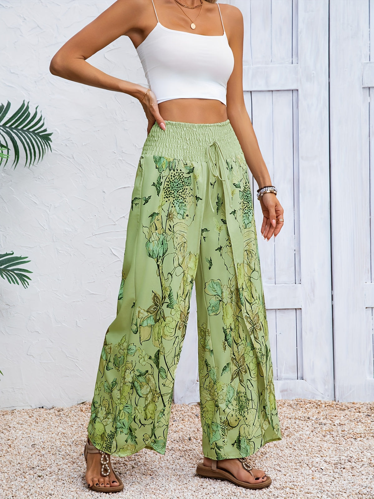 New Stylish and Versatile Wide-Leg Pants, Casual and Elegant Vacation Beach Trousers for Women, Loose-Fit Long Pants - Green