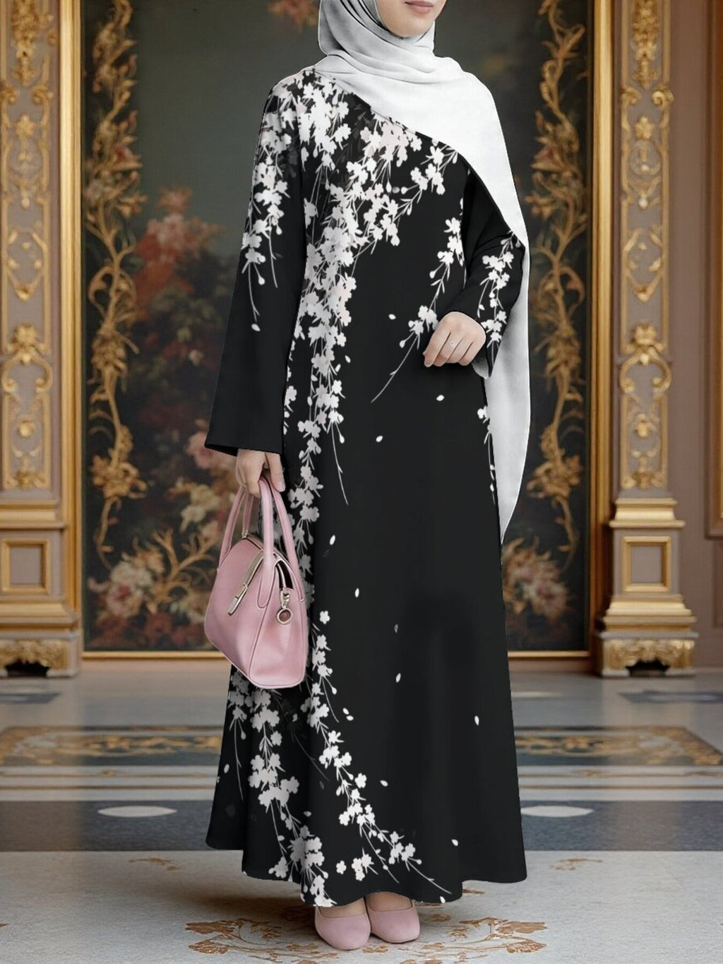 Women's Middle Eastern Style Muslim Elegant Robe Dress, Suitable for Malaysia, Arabic Floral Long Robe, Loose Fit with Wide Flared Hem and Long Sleeves, for Prayer, Visiting, Outings, and Gatherings, Lightweight and Smooth with Non-Embroidered - Mixed colors
