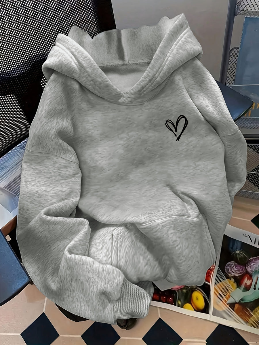 D92-One-Piece Loose Hooded Sweatshirt, Valentine's Day Fashion Casual Sweatshirt Outfit, Trendy Cute Heart Pattern Print, Spring and Autumn, Women's L16325 - Grey