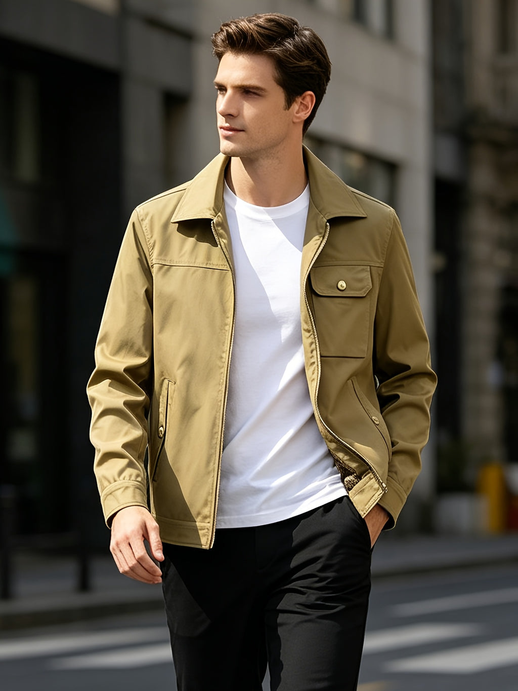 Men's Vintage Military Green Bomber Jacket with Lapel Collar & Zipper Closure - Loose Fit Multi-Pocket Coat Suitable for Spring/Autumn, Casual Streetwear Outerwear, Hand Washable Retro Blazer - Khaki