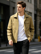 Men's Vintage Military Green Bomber Jacket with Lapel Collar & Zipper Closure - Loose Fit Multi-Pocket Coat Suitable for Spring/Autumn, Casual Streetwear Outerwear, Hand Washable Retro Blazer - Khaki