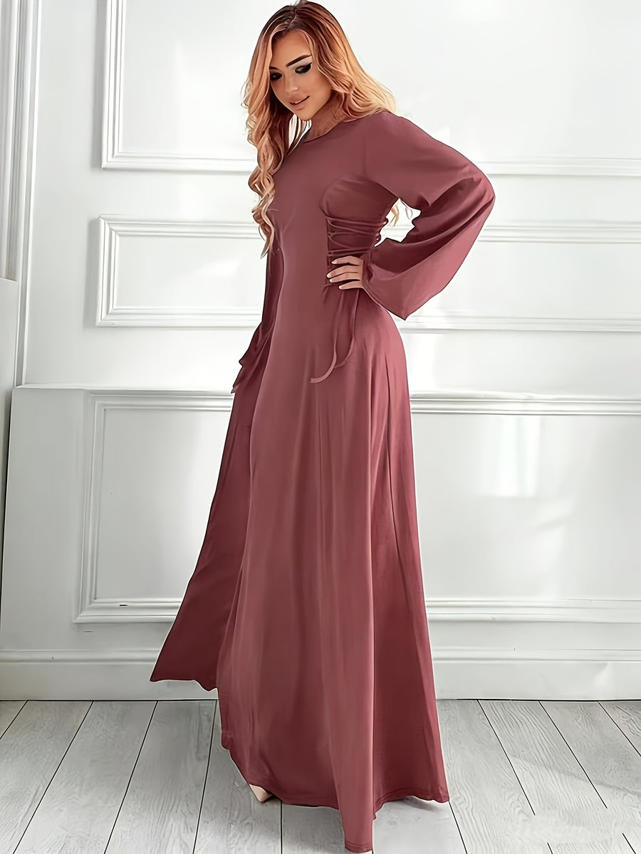 Women's Elegant A-Line Dress - Adjustable Drawstring Waist, Non-Stretchy Fabric for Formal & Everyday Events - Machine Washable Women's Clothing (Spring/Fall/Summer), Spring Outfit, Round Neckline, Flowing Silhouette - The color of rouge