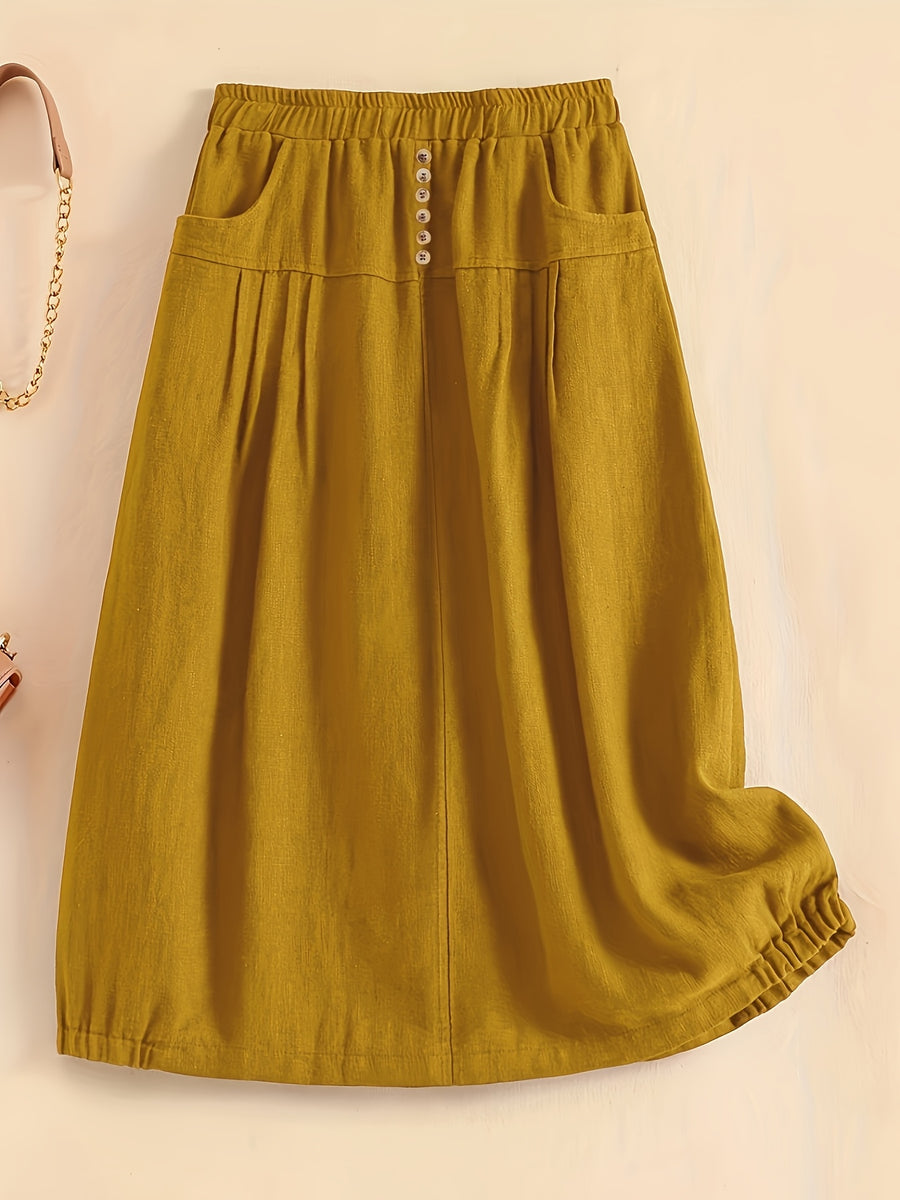 New Spring Summer Autumn Thin Korean Style Linen Loose Half Skirt with Pockets, Elastic Waist Linen Dress, Mid-Length Lantern Hem Women'S Skirt - Yellowish-brown