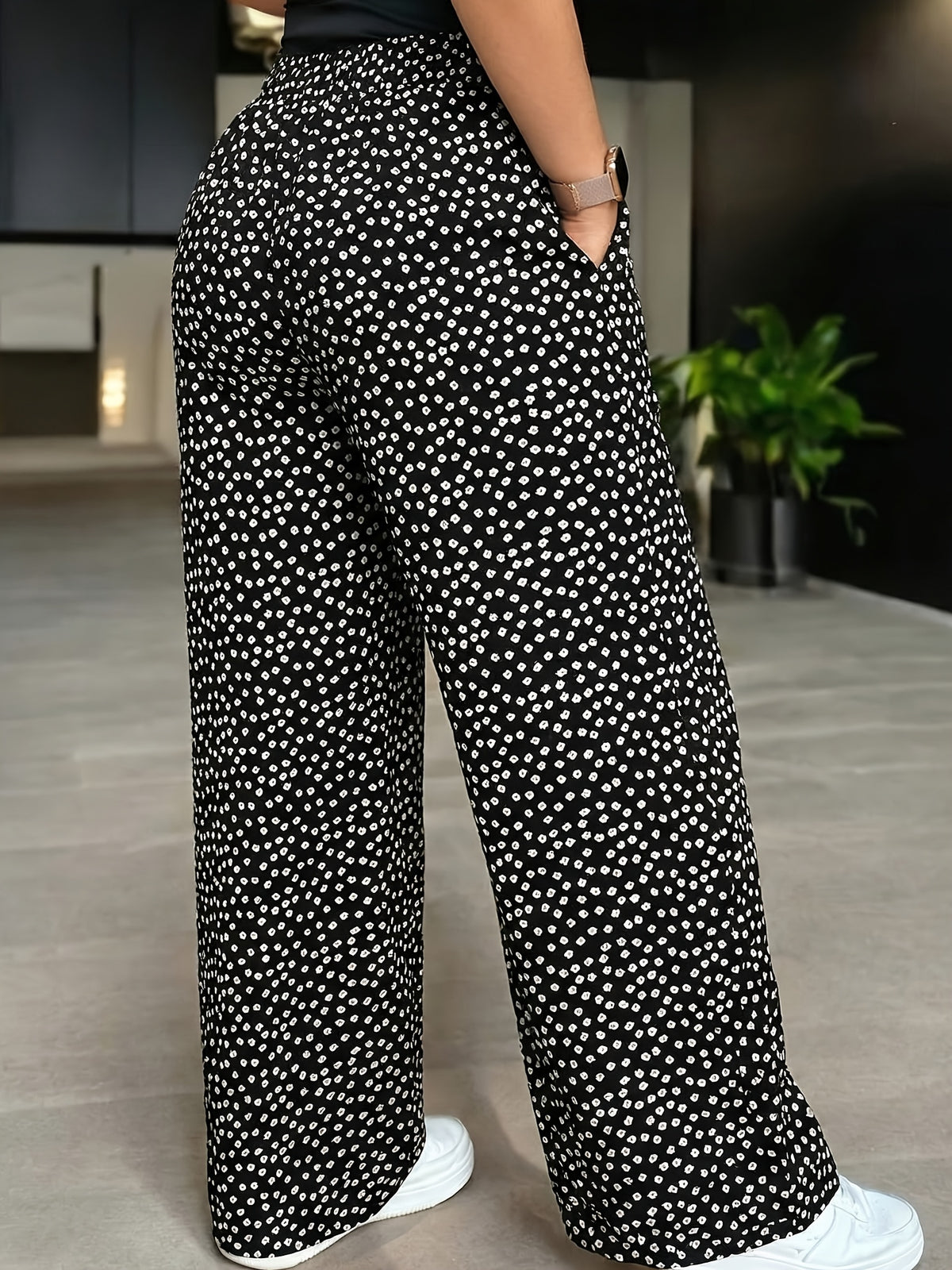 Floral Print Drawstring Wide-leg Casual Pants - Black