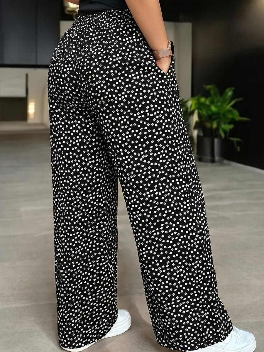 Floral Print Drawstring Wide-leg Casual Pants - Black