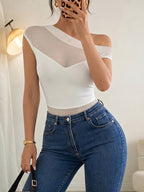 New Women's Versatile Summer Mesh Bodysuit, Elegant and One-shoulder Mesh Patchwork Pleated Bodysuit, Sexy Party and Nightclub Outfit, Elegant Summer Women's Bodysuit. - White