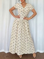 New Women'S Elegant Vacation Summer Floral Short Sleeve Lantern Sleeve Wrap Waist Dress Long Dress - 【Light Yellow】