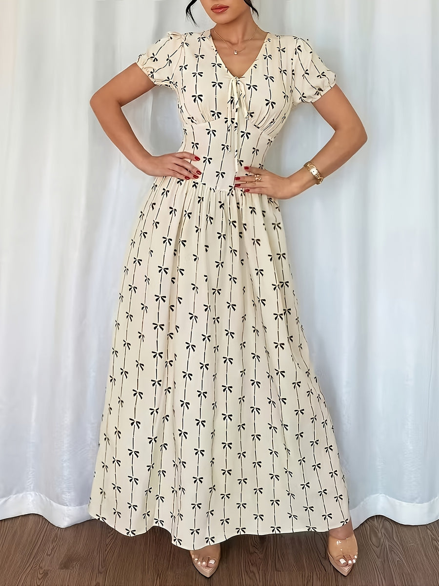 New Women'S Elegant Vacation Summer Floral Short Sleeve Lantern Sleeve Wrap Waist Dress Long Dress - 【Light Yellow】