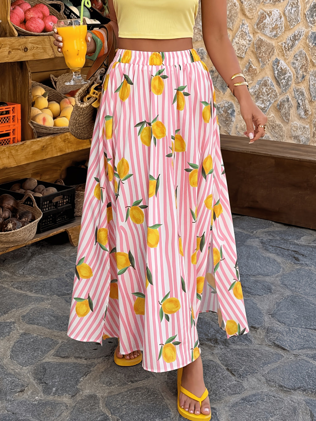 Women'S New Striped Print, Elastic Waist, A-Line Long Skirt, Fashionable And Elegant for Vacation And Commute, Casual Outing, Street Style, Daily Wear Skirt, Suitable for Spring Summer - Yellow
