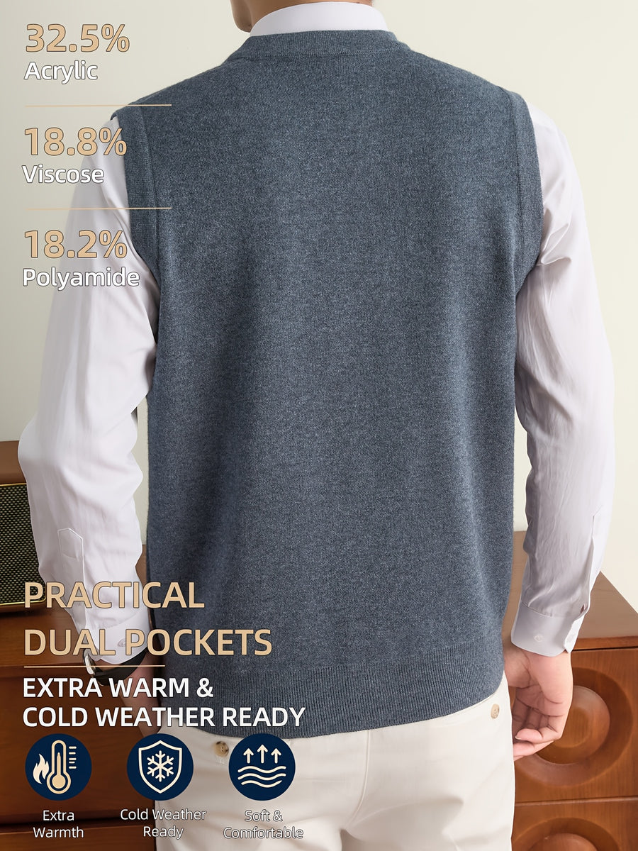New Autumn/Winter Men's Knitted Vest with V-Neck, Tie Pockets, and Rhombus Pattern Design. Warm, Cold-Resistant, Soft, and Comfortable Sweater Vest. Simple, Elegant, and Versatile, Suitable for Daily, Business, Casual, and Camping Wear. The First - Light Grey