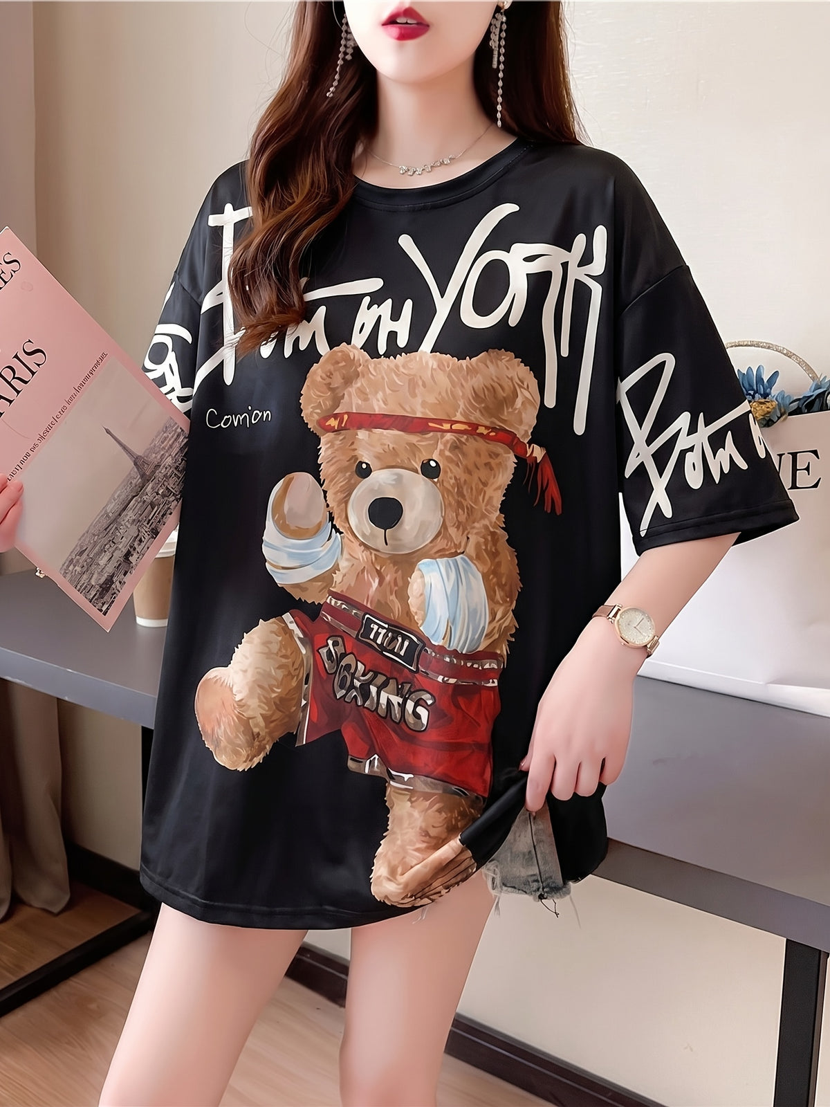 Summer New Fashion Trend Large Size Women'S Slim Loose Medium Long Cartoon Short-Sleeved T-Shirt - Black