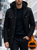 Men's Hooded Shoulder-Patch -Lined Mid-Length Workwear Parka Jacket, Winter Thickened Multi-Pocket Warm Padded Coat, Temperature-Locking, Cold-Resistant, Wear-Resistant, Wrinkle-Resistant, Structured and Stylish, Not Easily Deformed, Easy to Care - Black