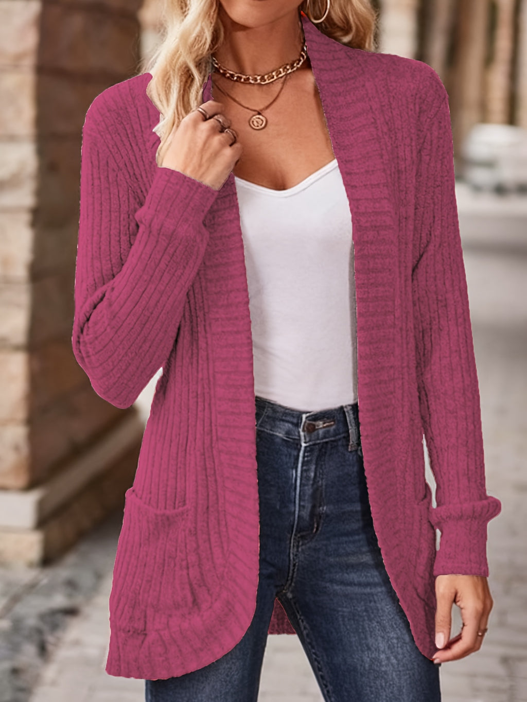 Women's Solid Color Brushed Casual Spliced Long Sleeve Cardigan - The color of rouge