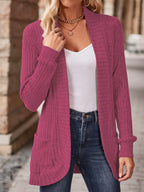 Women's Solid Color Brushed Casual Spliced Long Sleeve Cardigan - The color of rouge