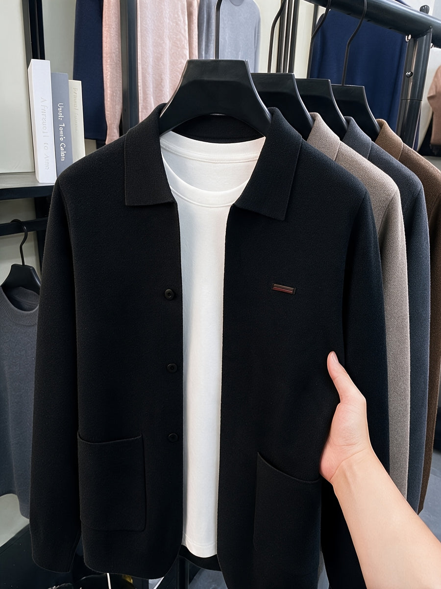Du Jing Lan OBM Men's Autumn/Winter New Arrival Knitted Cardigan, Old Money Style Solid Color Single-Breasted Open Front Lapel Knit Cardigan, Men's Business Casual Fashion Open Front Knit Cardigan Top, Suitable for Layering in Spring - Black
