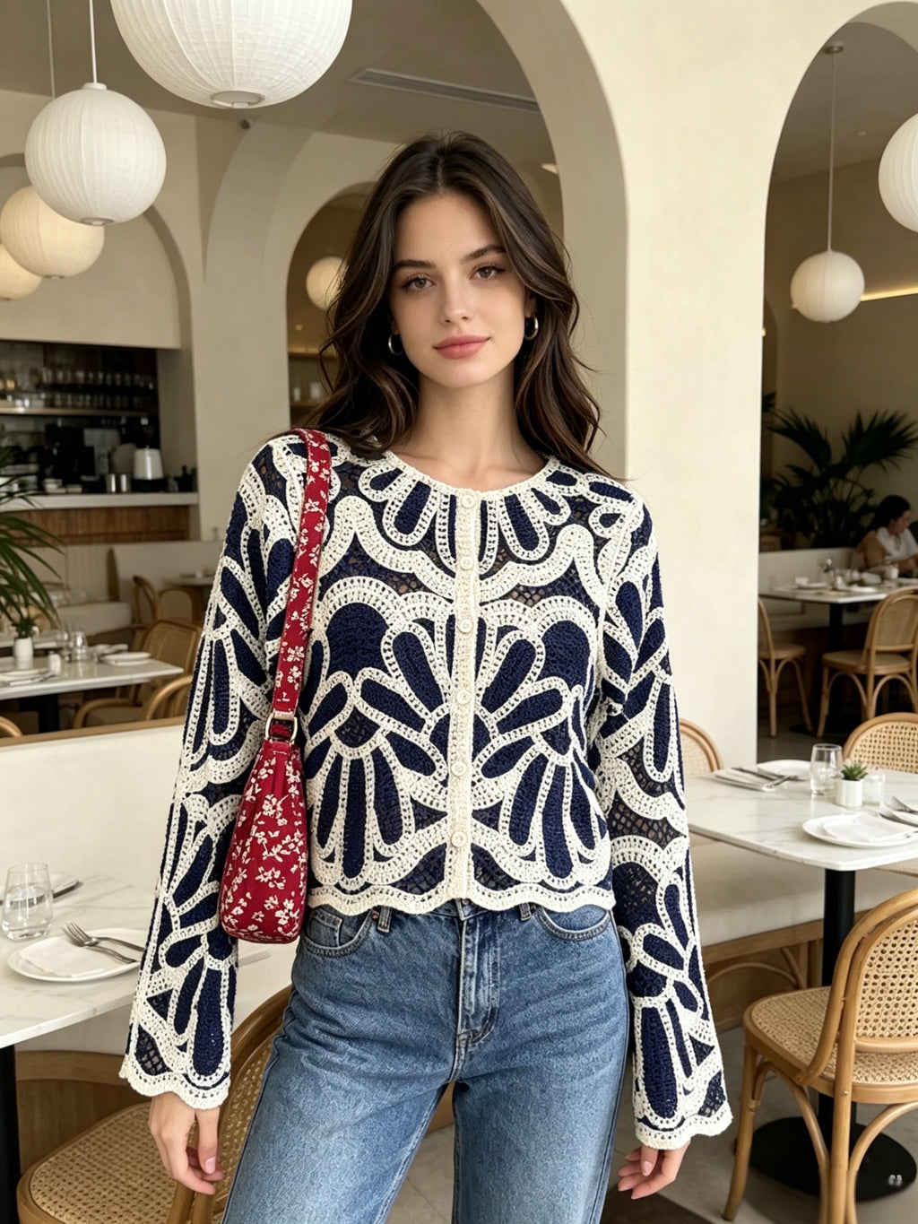 Mori Style Fresh Contrast Hollow Crochet Short Top, Thin Breathable Round Neck Long Sleeve Sunscreen Sweater - Navy Color