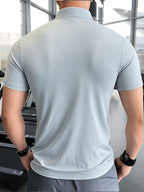 Men'S Muscular Fitness High-Elastic Training Quick-Dry Fitness Wear, Individual Print Patterns, Slim Fit Summer Casual Short Sleeve Shirt T-Shirt - Breathable Elastic Fabric, Stand-Up Collar Design with Open Chest Zipper - Light Blue