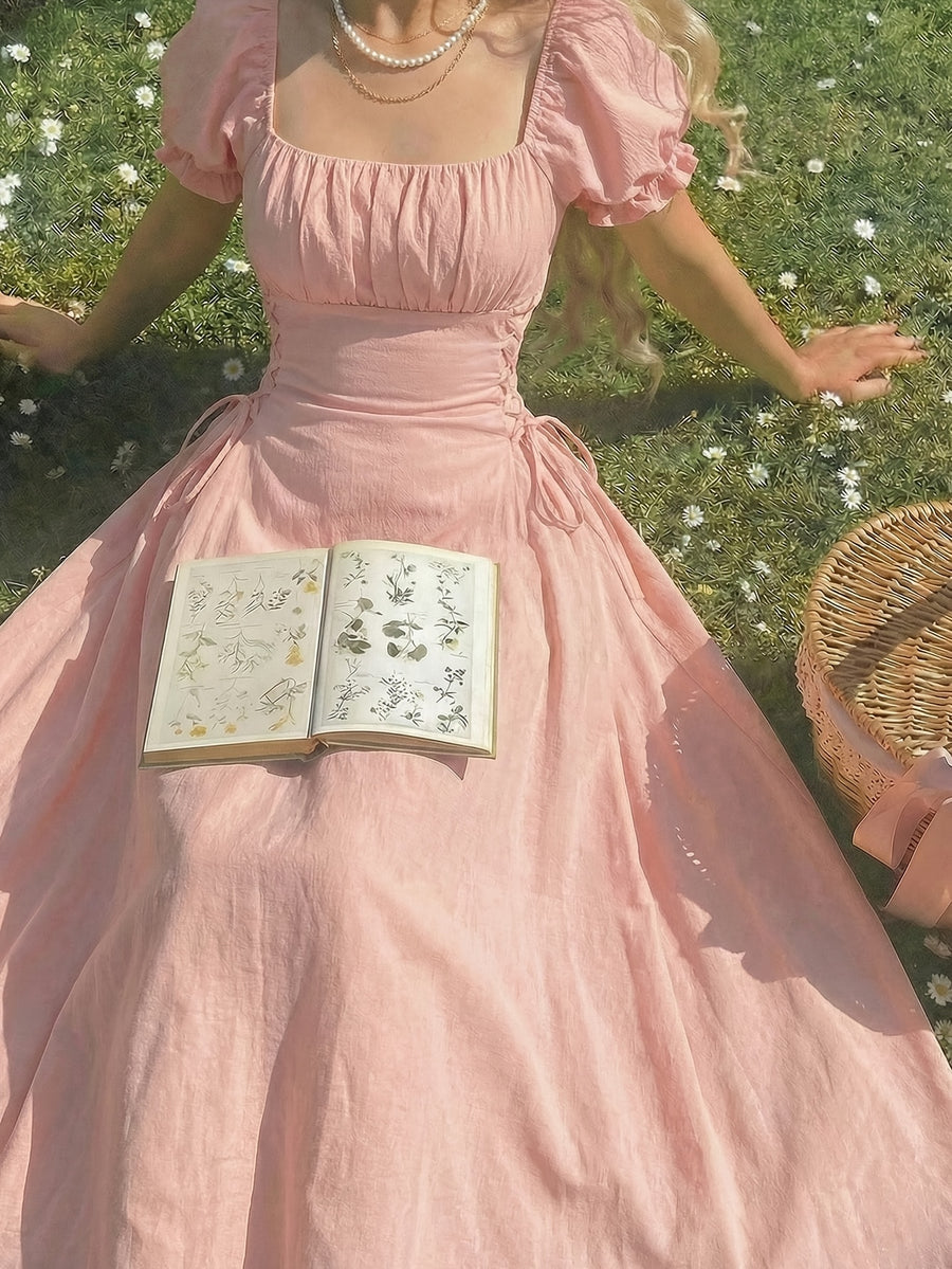 8022 French-Style Sweet and Elegant Women's Solid Color Waist-Cinching Short-Sleeve Dress - Pink