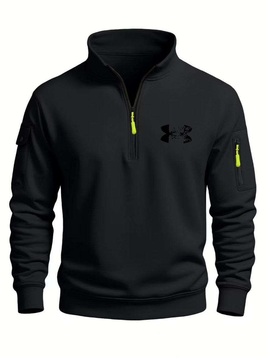 2026 Autumn/Winter New Men's Stand Collar Half-Zip Sweatshirt, Distressed Print, Workwear Style Multi-Pocket Design, Wear-Resistant and Wrinkle-Resistant Fabric, Sleek Cut Without Bulk, Combining Workwear Practicality with Casual Attire Adaptability - Black