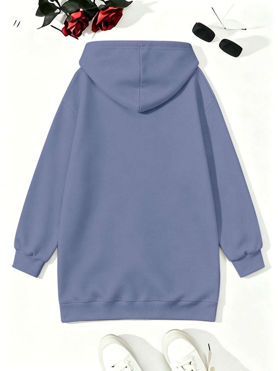 Loose-fit Mid-length Cardigan Hooded Sweatshirt with Letter Print - Peacock Blue
