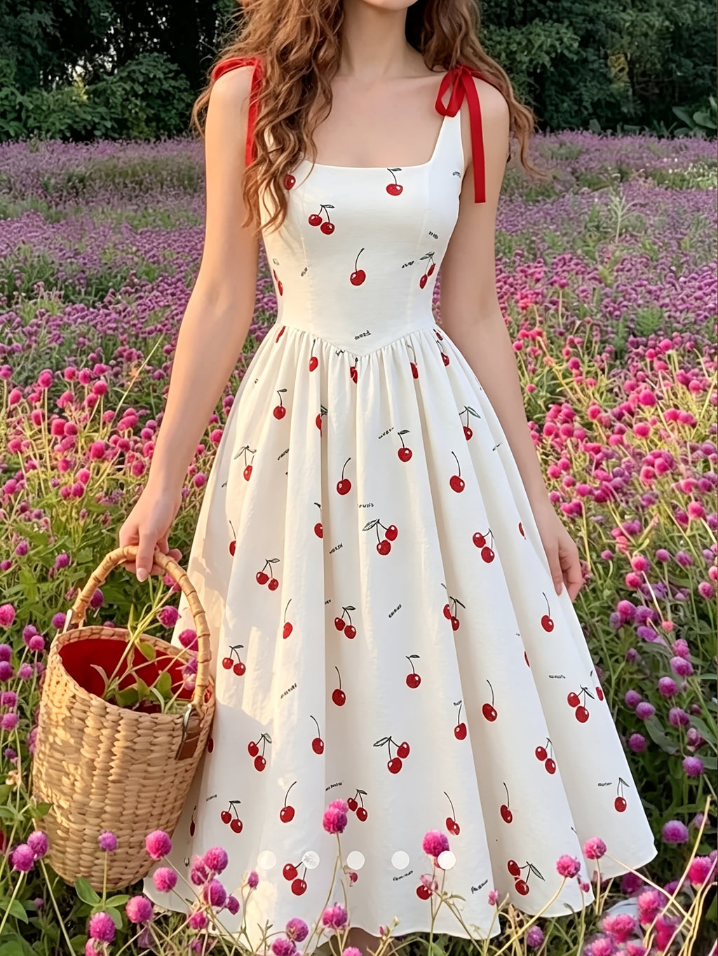 Square Neckline + Red Satin Ribbon Bow Shoulder Suspender Dress, Large A-line Mid-length Hem - White