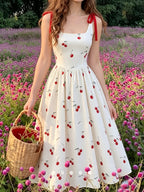Square Neckline + Red Satin Ribbon Bow Shoulder Suspender Dress, Large A-line Mid-length Hem - White