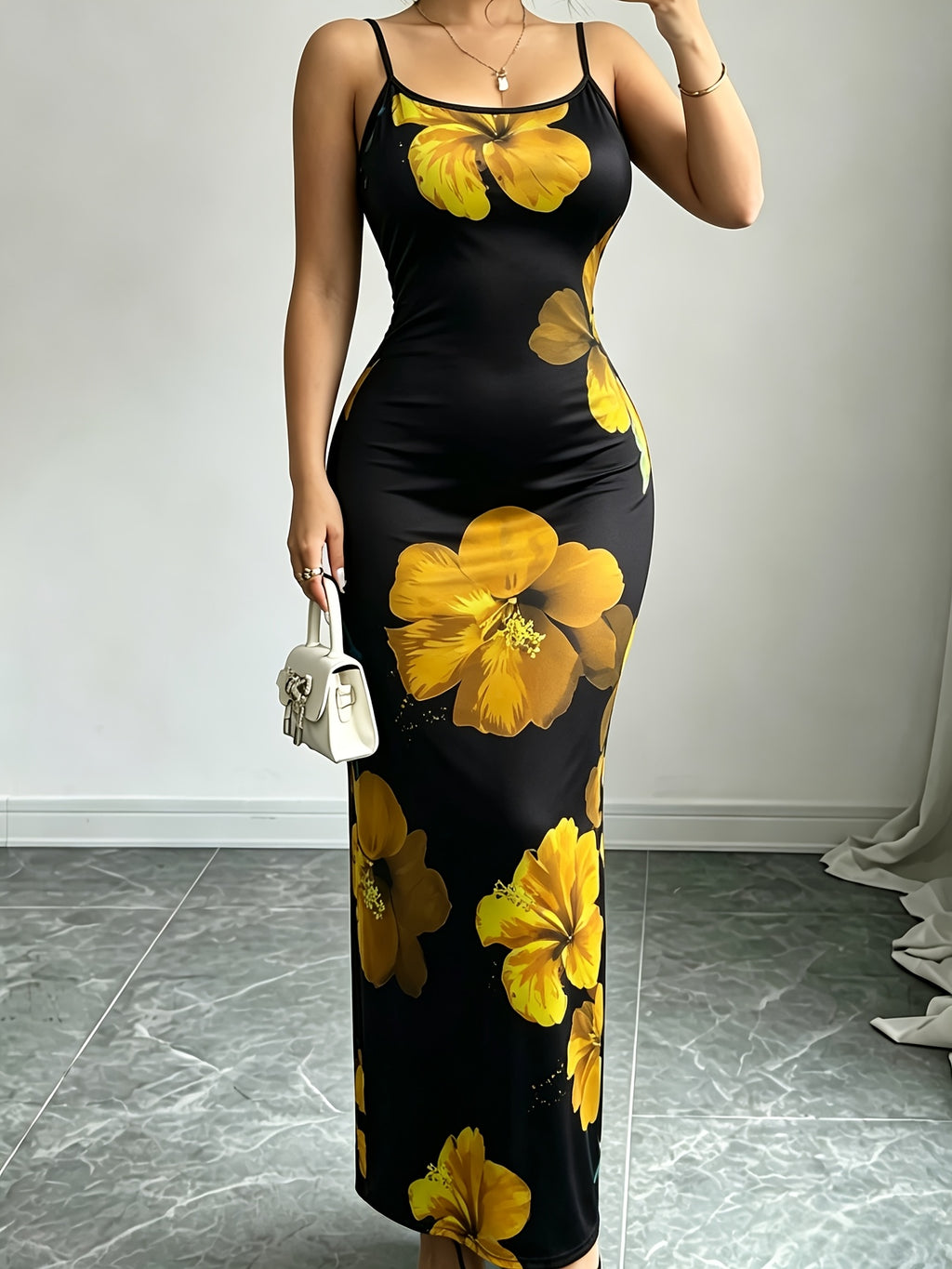 Women'S Adjustable Strap Printed Cami Dress, High-Waist Cinched -Lifting Long Skirt, Stretchy And, Suitable for Beach Vacation/Music Festival/Casual Date Wear - Tangerine