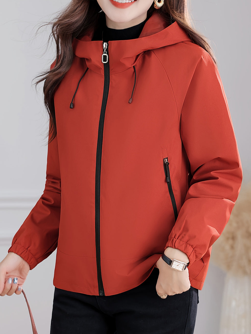 Autumn/Winter -Lined Jacket, Outdoor Hooded Women's Top for Daily Outings, Loose Fit Long-Sleeve Cardigan, Wear-Resistant, Thickened, and Warm for Commuting, Strolling, Hiking, Simple and Versatile Women's Outdoor Casual Top - Brick Red
