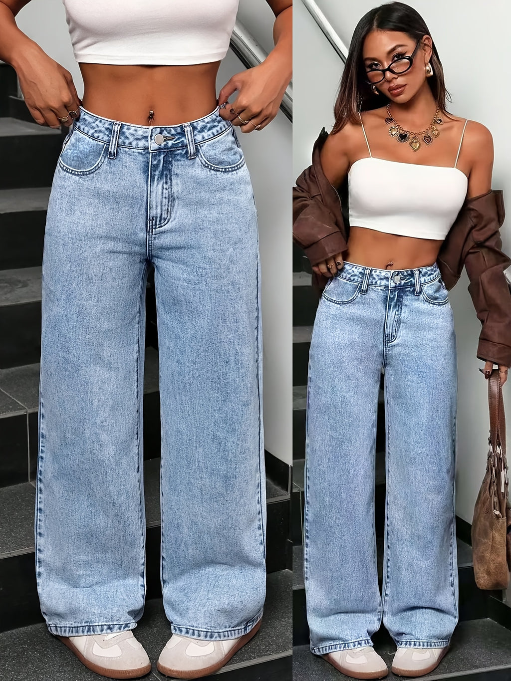 Women'S New Stretch Wide-Leg Jeans, Loose Straight-Leg Denim Pants, Acid Wash Blue Long Trousers with Pockets, High-Waist Tummy Control Comfortable Trousers, Elegant Women'S Clothing, Suitable for Work, Travel, Office Wear, Women'S Casual Pants - Light Blue