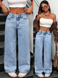 Women'S New Stretch Wide-Leg Jeans, Loose Straight-Leg Denim Pants, Acid Wash Blue Long Trousers with Pockets, High-Waist Tummy Control Comfortable Trousers, Elegant Women'S Clothing, Suitable for Work, Travel, Office Wear, Women'S Casual Pants - Light Blue