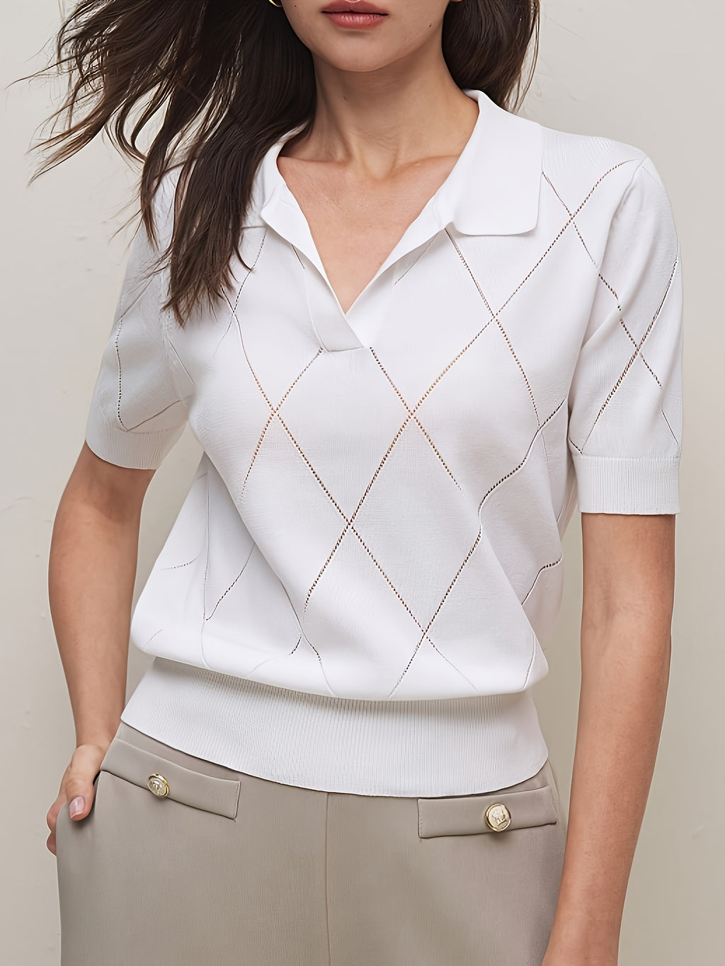Women's Collar Rhombus Pattern Short Sleeve Top, Versatile Commuter Style for Spring and Summer - White
