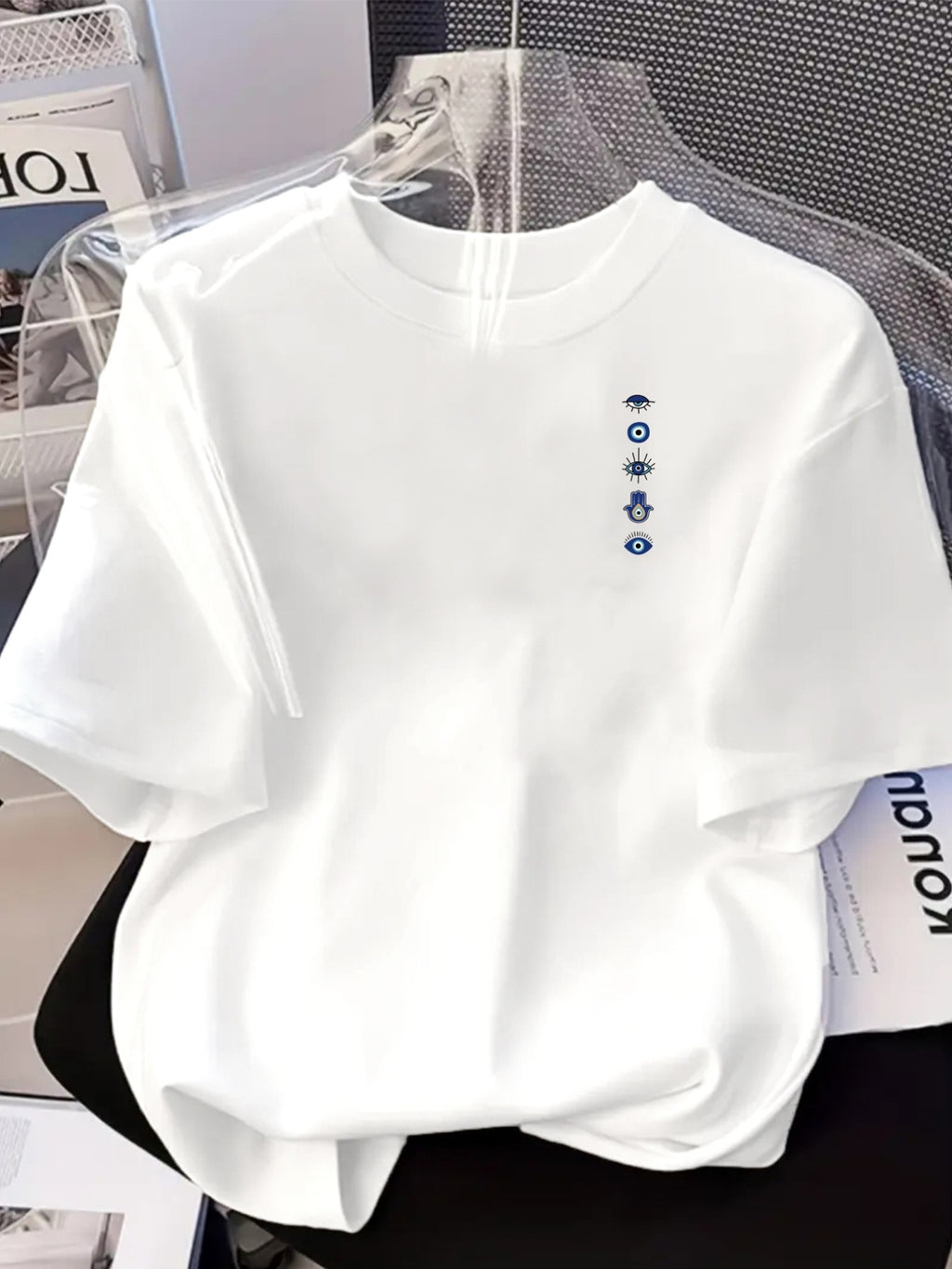 Fashionable Short-Sleeved Summer Essential with a Devil'S Eye Print, Featuring a Protective Charm Design And a Round Neck, Perfect for Casual Wear - Women'S Clothing, Comfortable Fit, Classic Style - White