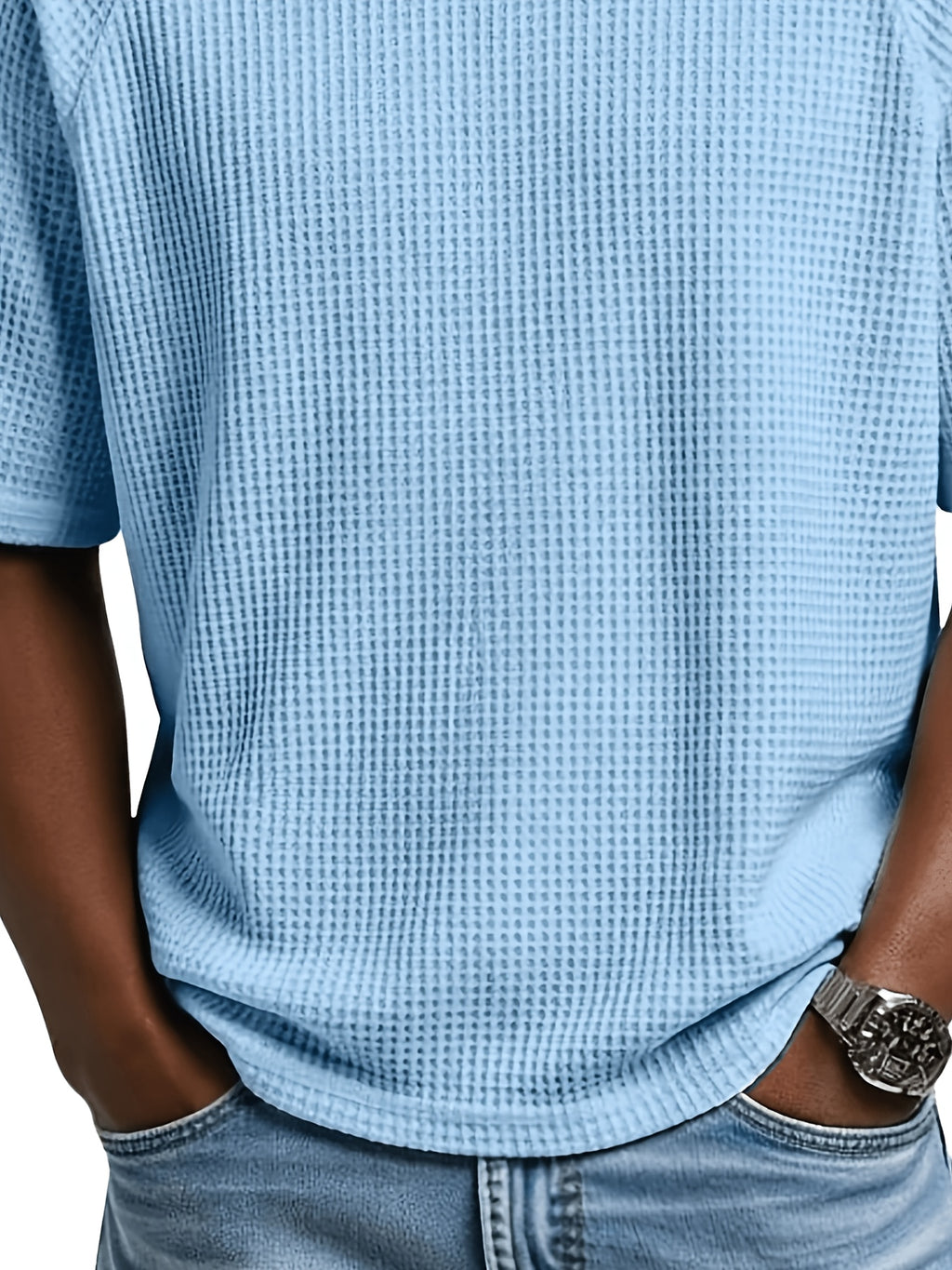 Men's Minimalist Waffle Knit V-Neck Short Sleeve Casual Breathable Sports Vacation Beach Raglan Sleeve Herringbone T-Shirt - Sky Blue