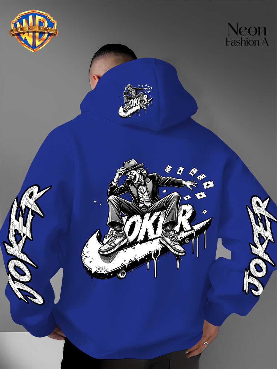 Warner Bros. Official Men'S Autumn Winter Trendy Print Hooded Fleece Sweatshirt, Long Sleeve Pullover Hoodie, Black And White Line Art Skateboard Joker Dripping Graffiti Trendy Print Pattern, Kangaroo Pouch And Drawstring Design - Blue