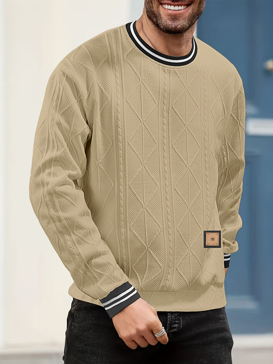 New Men's Casual Fashionable Sporty Cool Versatile Trendy Stylish 3D Jacquard Fabric High Street Popular Knitted Flatbed Collar Crew Neck Sweatshirt - Khaki