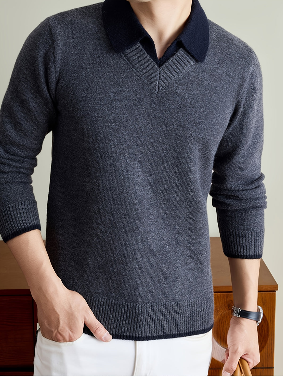Men'S Thickened V-Neck Pullover Long Sleeve Faux Vest Knit Sweater, Autumn/Winter Style, Light Mature Business Casual - Medium Gray