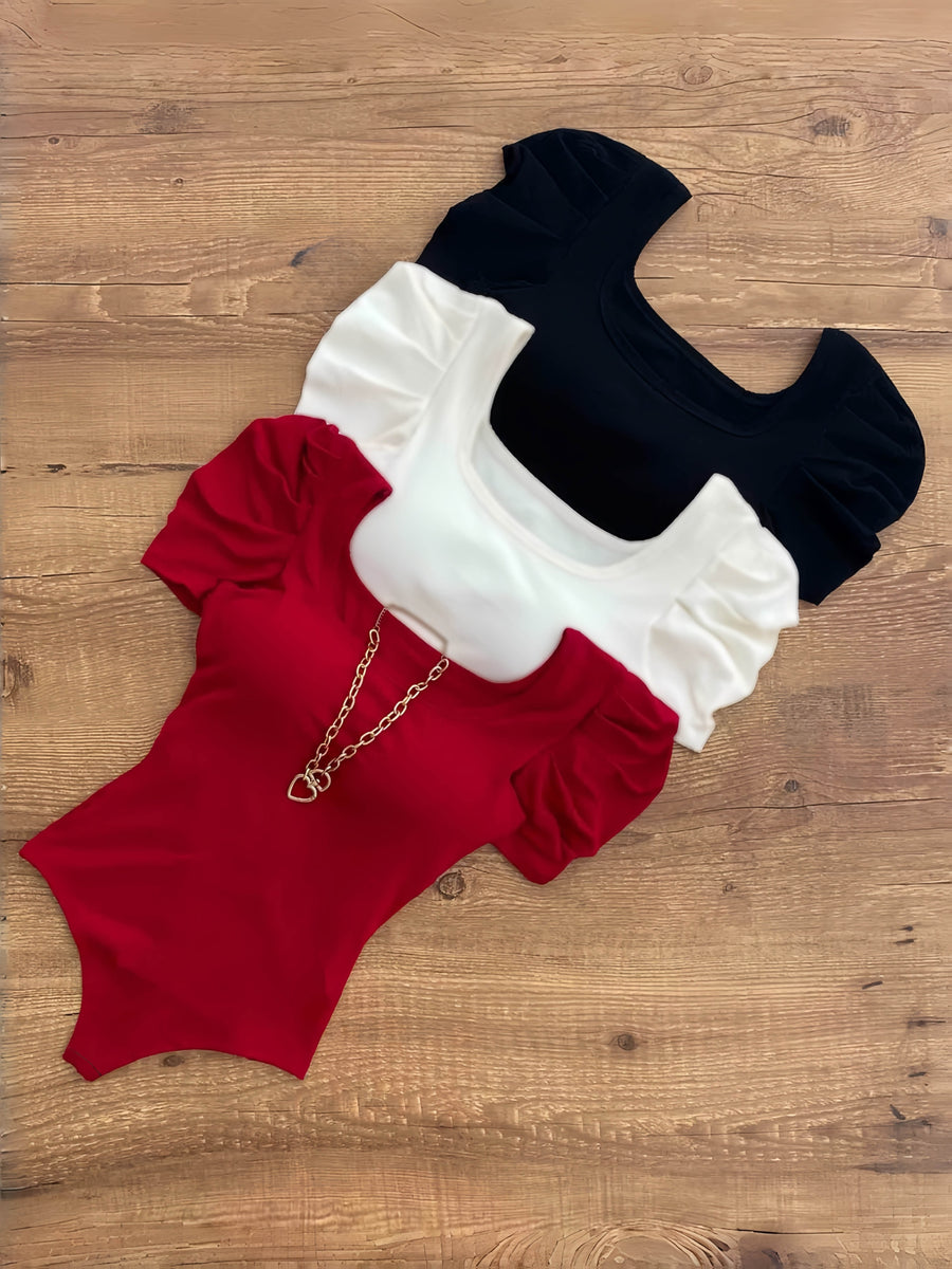 3-Pack Elegant Square Neck High-Elasticity Short Sleeve Tops for Women | Spring/Fall, Solid Color, Regular Fit - Black+white+red
