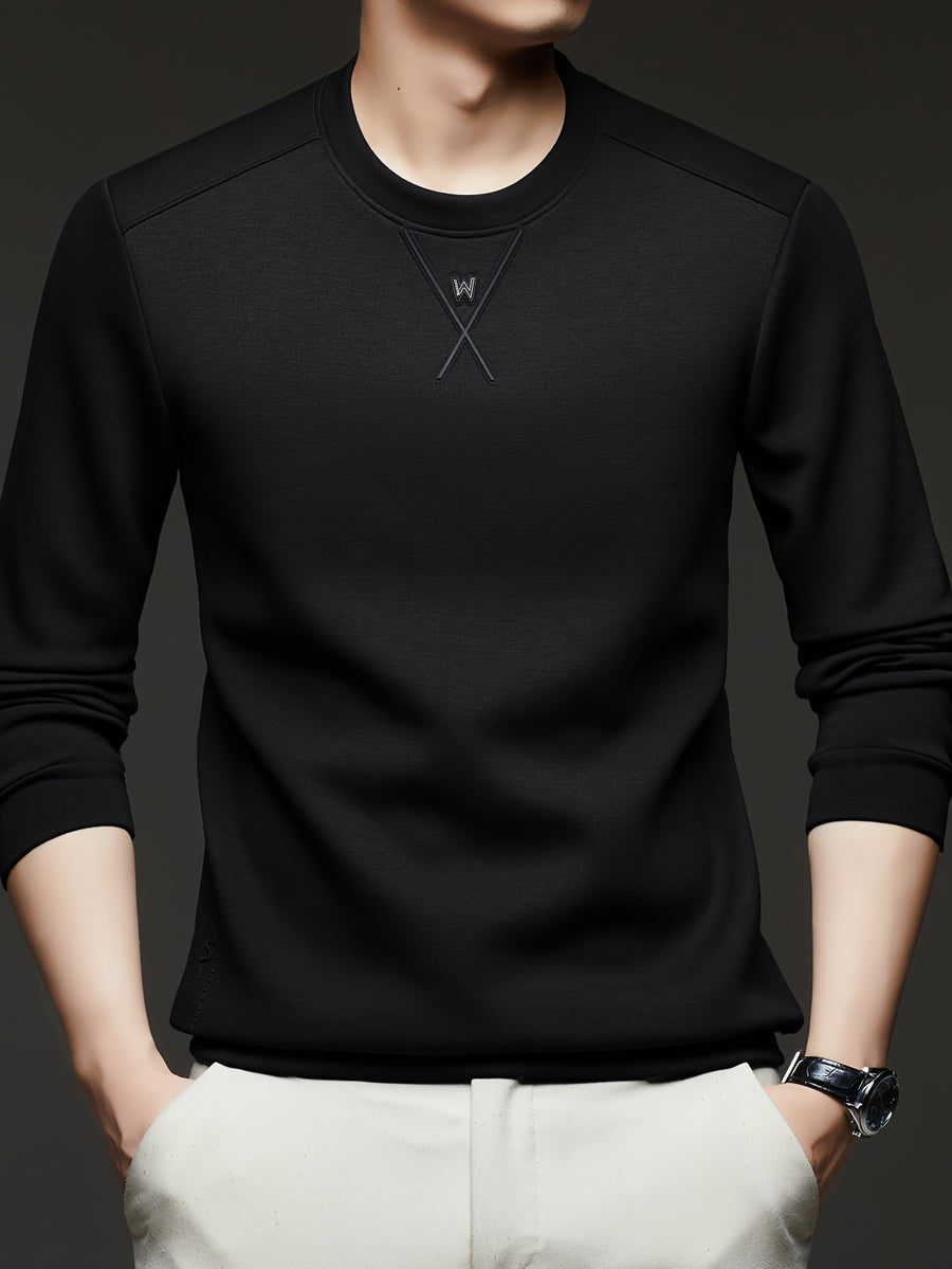 [Xingfan] 2026 Summer Men'S Long Sleeve T-Shirt Solid Round Neck Athletic Base Layer Sweatshirt - Black