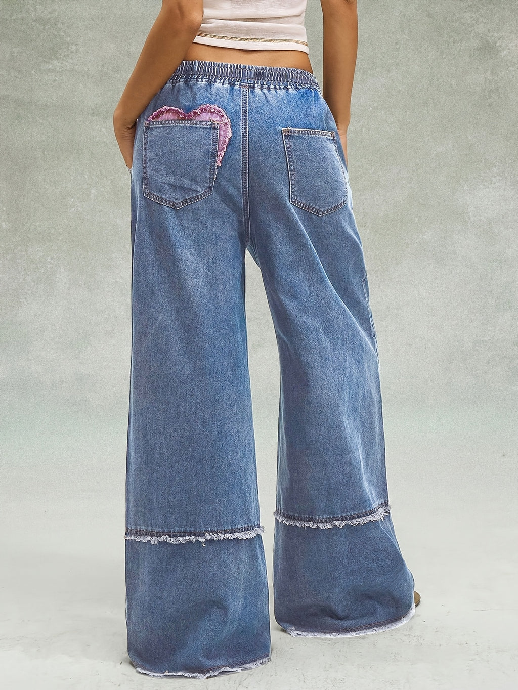 Retro Frayed Heart Patchwork Wide-Leg Denim Jeans with Drawstring Elastic Waist Design Loose Drapey Floor-Length Casual All-Match Casual Trousers - Blue