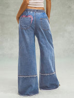 Retro Frayed Heart Patchwork Wide-Leg Denim Jeans with Drawstring Elastic Waist Design Loose Drapey Floor-Length Casual All-Match Casual Trousers - Blue