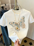 Embroidery-like Butterfly and Pearl Print T-shirt, Women's Casual Short-Sleeve Top, Soft and Comfortable, Printed Design - Non-Textured - White